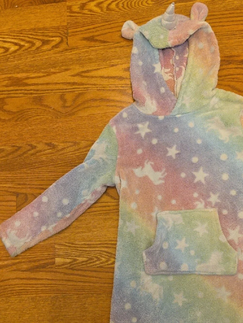 Kids Unicorn Hooded Fleece Nightgown - Pastel Rainbow Stars Size S (7/8)